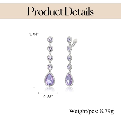 EleQueen Women's Wedding Crystal Teardrop Pear Shape 3 Inch Clip on Long Dangle Earrings for Bride Bridesmaid, Jewelry for Party Prom/Anniversary - color: Light Purple Silver-Tone
