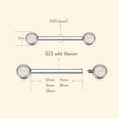 AROWRO Nipple Piercing Jewelry Nipple Rings Titanium Nipple Rings Implant Grade Hypoallergenic 14G Internally Threaded Straight Barbells with Cubic Zirconia Opal Gold Silver Rose Gold Black 12mm 14mm 16mm 18mm 20mm - color: Silver+White Opal