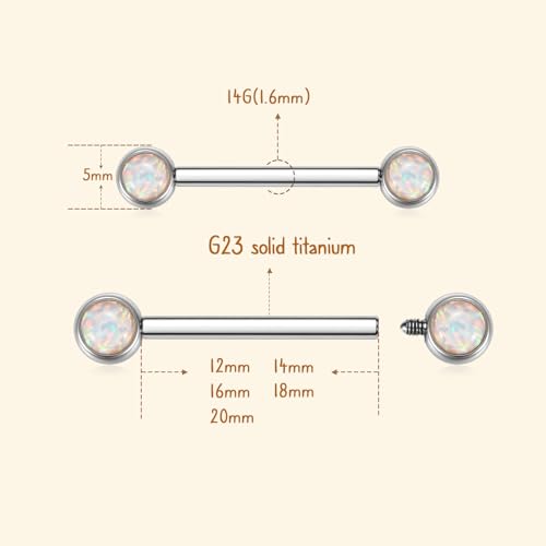 AROWRO Nipple Piercing Jewelry Nipple Rings Titanium Nipple Rings Implant Grade Hypoallergenic 14G Internally Threaded Straight Barbells with Cubic Zirconia Opal Gold Silver Rose Gold Black 12mm 14mm 16mm 18mm 20mm - color: Silver+White Opal
