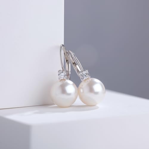 925 Sterling Silver Pearl Leverback Earrings for Women Cubic Zirconia Pearl Jewelry 10MM - color: A: Leverback-White