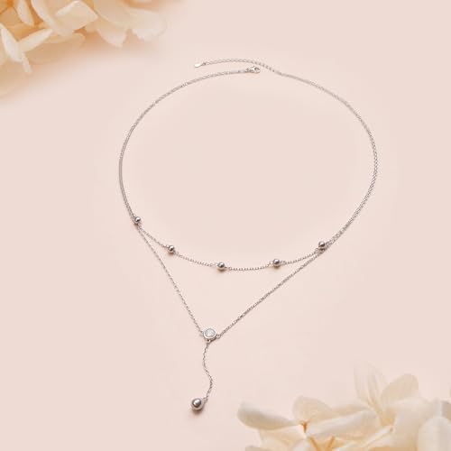 FLYOW Layered Necklace S925 Sterling Silver Y Shaped Jewelry - style: Round White Opal Layered Necklace