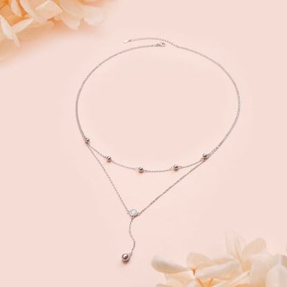 FLYOW Layered Necklace S925 Sterling Silver Y Shaped Jewelry - style: Round White Opal Layered Necklace