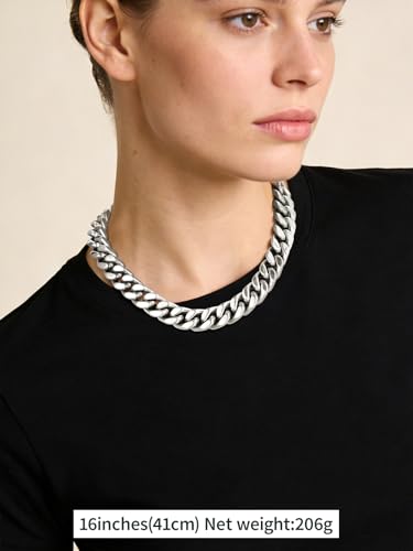 FindChic Cuban Link Chain Necklace for Women Men, Silver/Gold Plated Stainless Steel Solid Miami Curb Chain Hip Hop Punk Statement Jewelry, 5/12/14mm Width, 16/18/20 Inch Length, with Gift Box - color: 05. 14mm-Silver, size: 16inches