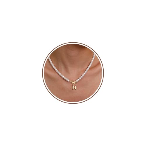 Pearl Necklaces for Women Bubble A-Z Initial Necklace Gold Dainty Pearl Choker Necklace Anniversary Birthday Graduation Gifts for Her Teen Stocking Stufffers Christmas Jewelry - color: H