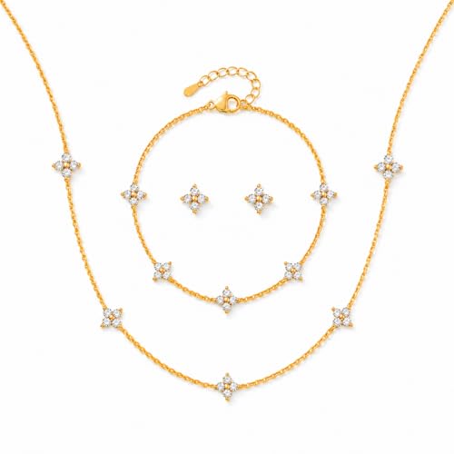 KSF CZ Clover Jewelry Set for Women Necklace Bracelet Earrings Birthday Gift - color: Gold-Clover