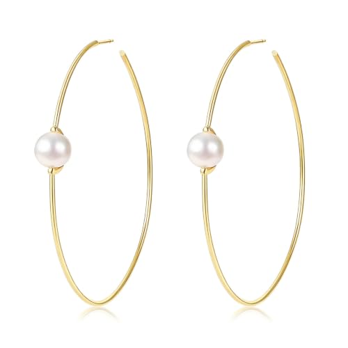 OwMell Large Hoop Earrings for Women 925 Sterling Silver Post 14K Gold Plated Big Hoops Earrings Trendy Pearl Cubic Zirconia Hoop Earrings - color: Pearl Gold Small