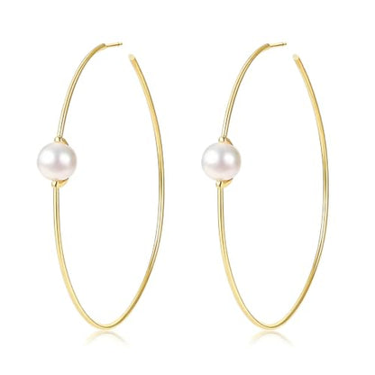 OwMell Large Hoop Earrings for Women 925 Sterling Silver Post 14K Gold Plated Big Hoops Earrings Trendy Pearl Cubic Zirconia Hoop Earrings - color: Pearl Gold Small