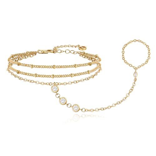 Cicy Bell Hand Chain Bracelets for Women 18K Gold Plated | Layered Stackable Dainty Ring Bracelets, Adjustable Satellite Bead Dot Link Finger Bracelets - color: Style D-Gold