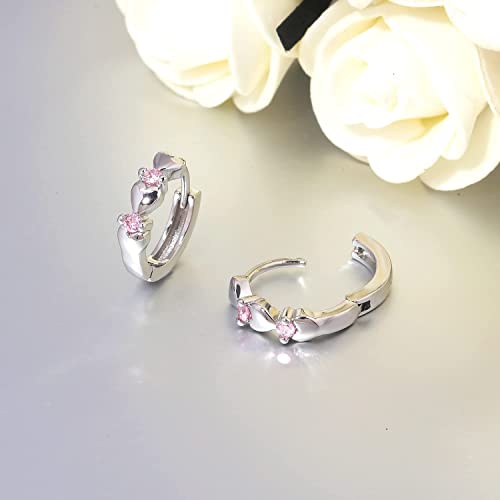 CiNily 14K White Gold Plated Small Hoop Earrings for Women Girls Heart Cubic Zirconia Hypoallergenic Earrings - color: Silver-pink
