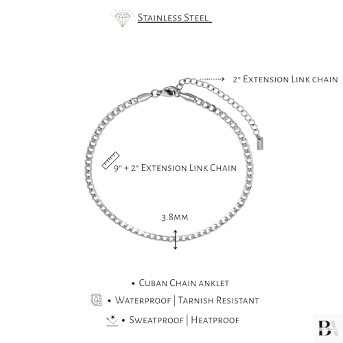 Stainless Steel Chain Ankle Bracelet for Women Adjustable Waterproof Anklet - color: Silver / 3.8mm Cuban