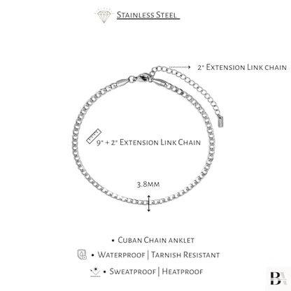 Stainless Steel Chain Ankle Bracelet for Women Adjustable Waterproof Anklet - color: Silver / 3.8mm Cuban