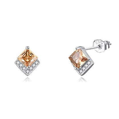 Birthstone Stud Earrings Sterling Silver Square Created Crystal Earrings Cubic Zirconia Hypoallergenic Piercing Jewelry Small Gifts for Women Mothers - color: Nov-Citrine