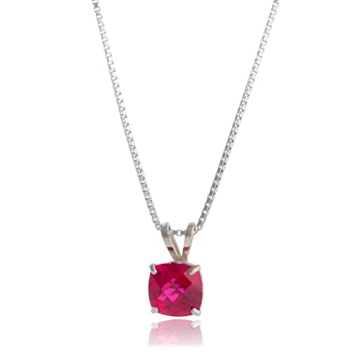 MAX + STONE 925 Sterling Silver Cushion Cut Birthstone Necklace for Women | 6mm Hypoallergenic Solitaire Necklace | Gemstone Pendant Necklaces with 18 inch Box Chain - color: Created Ruby