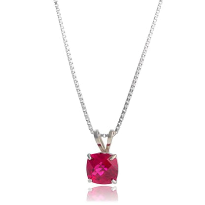 MAX + STONE 925 Sterling Silver Cushion Cut Birthstone Necklace for Women | 6mm Hypoallergenic Solitaire Necklace | Gemstone Pendant Necklaces with 18 inch Box Chain - color: Created Ruby