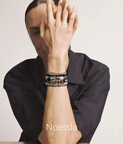 Noessla Beaded Boho Stretch Bracelet Colorful Stackable Crystal Beads Bracelets Trendy Costume Jewelry Mothers Day Gifts for Women - color: 21-Black