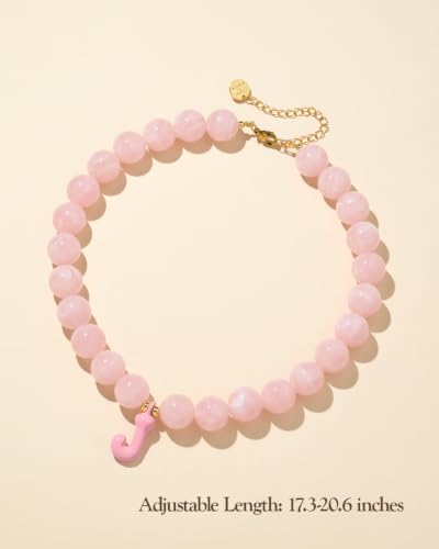 DoDoBeads Chunky Colorful Beaded Initial Necklace, Bubble Letter Choker | Gift box and dust pouch included; waterproof and sweat-resistant with real gold plated stainless steel hardware - color: Pink-J