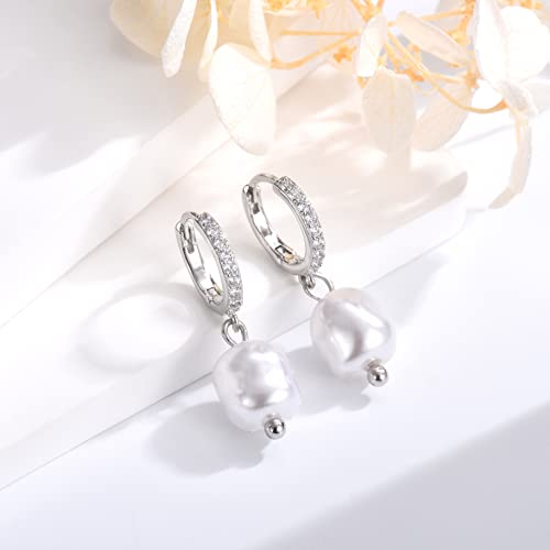CERSLIMO Pearl Drop Earrings for Women | S925 Sterling Silver Post Simulated Shell Pearl Hoop Dangle Earrings, Hypoallergenic Cubic Zirconia Huggies Earrings Bridesmaid Jewelry - style: 03 Silver-Baroque