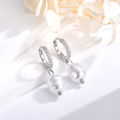 CERSLIMO Pearl Drop Earrings for Women | S925 Sterling Silver Post Simulated Shell Pearl Hoop Dangle Earrings, Hypoallergenic Cubic Zirconia Huggies Earrings Bridesmaid Jewelry - style: 03 Silver-Baroque