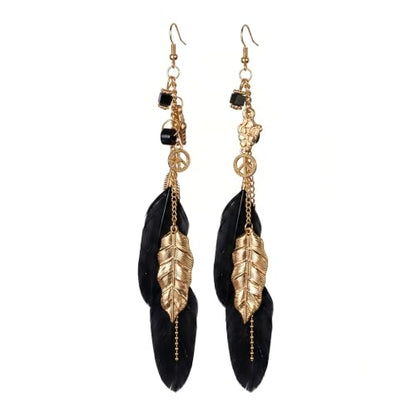 FRESHME Native American Earrings for Women - Ethnic Boho Feather Dangle Jewelry with Tessel for Birthday Party Photoshoot - color: Black