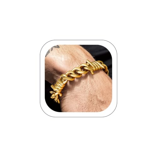 Bandmax Barbed Wire Chain Bracelets for Men Women Stainless Steel/Black/Gold Thorn Cuban Link Bracelet Adjustable Punk Emo Style Jewelry Gift - color: 12 12MM-Gold Plated