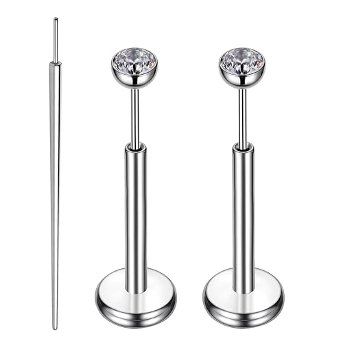 Gotumo 16G 18G 20G Flat Back Earrings Stud Titanium Threadless Nose Rings Tragus Labret Cartilage Lip Medusa Conch Body Piercing Jewelry Hypoallergenic for Women Men - color: Silver, size: 16G Bar Lengths 8mm & CZ 2mm