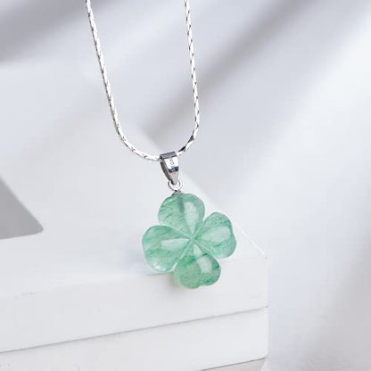 iSTONE 925 Sterling Silver Natural Crytral for Womens Pendant Necklace, Gemstone Birthstone with 17.8" Silver Chain Ladies - color: Green Four Leaf Clover