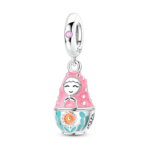 Hapour 925 Sterling Silver Charms for Bracelet Necklace Dangle Pendant Bead | Whale Shark Charm, Glow in the Dark, Matryoshka Russian Doll Baking European Jewelry Charm, 14k Gold Plated - style: Pink Russian Matryoshka Doll