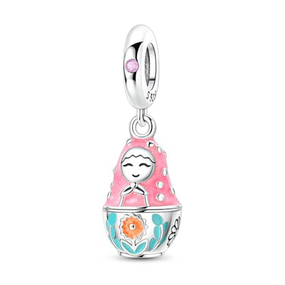 Hapour 925 Sterling Silver Charms for Bracelet Necklace Dangle Pendant Bead | Whale Shark Charm, Glow in the Dark, Matryoshka Russian Doll Baking European Jewelry Charm, 14k Gold Plated - style: Pink Russian Matryoshka Doll