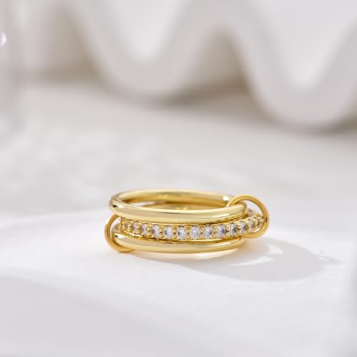 14K Gold Plated Interlocked Stackable Rings for Women Non Tarnish,Gold and Silver Cubic Zirconia Statement Rings Set,Mixed Metals Ring Two-Toned Connected Bands Stacking Jewelry - color: 3pcs rings-gold