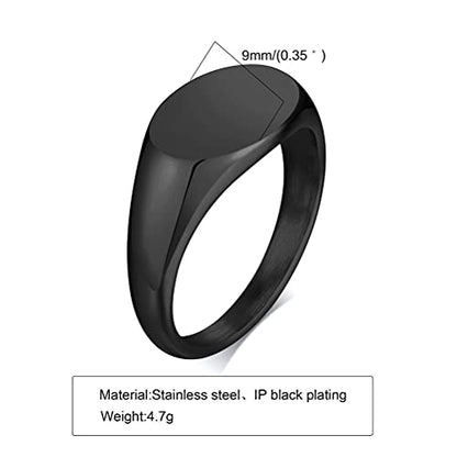 HIJONES Mens Stainless Steel Signet Ring Matte Brushed Square | Simple Statement ,Wedding Band,Polished Round - color: 9mm-Black