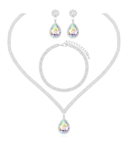 Elegant Silver Crystal Wedding Necklace Earrings Bracelet Jewelry Set for Women Brides Bridesmaids Prom Party Costume Accessory Bridal Jewelry - color: silver-iridescent AB