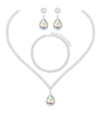Elegant Silver Crystal Wedding Necklace Earrings Bracelet Jewelry Set for Women Brides Bridesmaids Prom Party Costume Accessory Bridal Jewelry - color: silver-iridescent AB