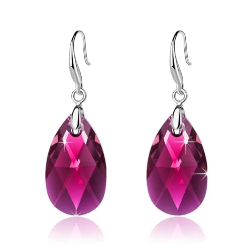Austrian Crystal Teardrop Dangle Hook Earrings for Women 14K Gold Plated Hypoallergenic Jewelry - color: Fuchsia