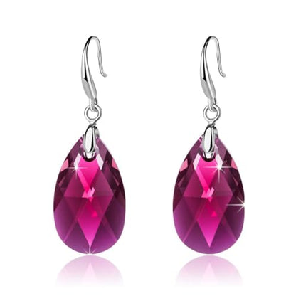 Austrian Crystal Teardrop Dangle Hook Earrings for Women 14K Gold Plated Hypoallergenic Jewelry - color: Fuchsia