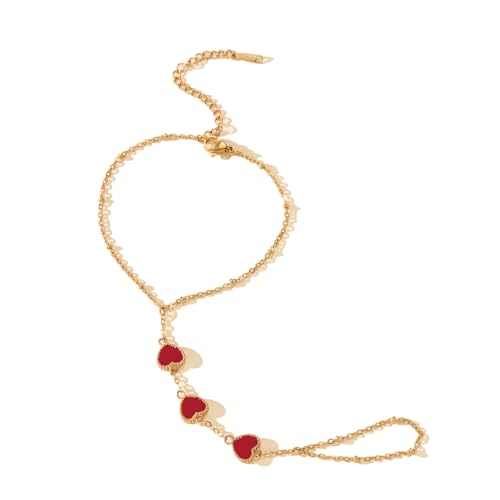 Hand Chain Bracelets for Women 14K Gold Plated Dainty Link Bracelet Bracelets Trendy Ring Bracelet Birthday Jewelry Gifts for Women - style: Red Heart