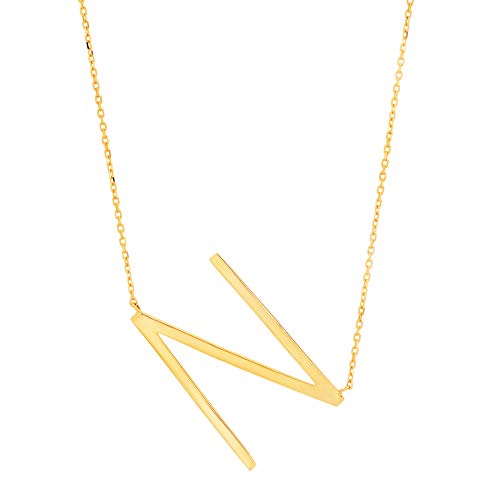 MAX + STONE 14k Gold Plated Sterling Silver Large Sideways Block Initial Letter Pendant Necklace for Woman with 16 Inches to 18 Inches Adjustable Chain and Spring Ring Clasp - style: Letter N