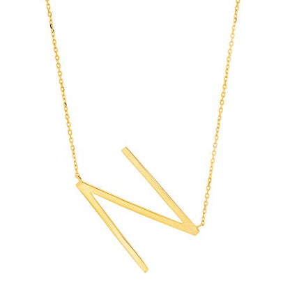 MAX + STONE 14k Gold Plated Sterling Silver Large Sideways Block Initial Letter Pendant Necklace for Woman with 16 Inches to 18 Inches Adjustable Chain and Spring Ring Clasp - style: Letter N