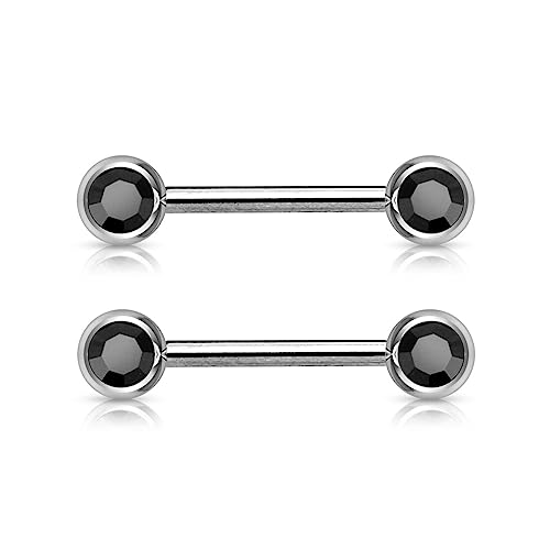 Forbidden Body Jewelry 14g Nipple Ring Barbells Set of 2, Pair of CZ 16mm (5/8 Inch) Barbells with 6mm Balls - color: Black