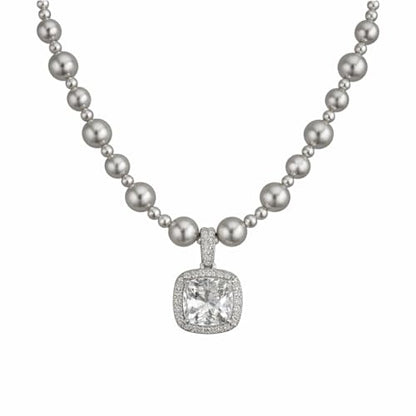18K Gold Plated Pink Faux Pearl Strand Necklace for Women, Sparkling Cushion-Cut Cubic Zirconia Halo Pendant, Elegant Statement Jewelry with Shimmering Graduated Beads for Formal Wear