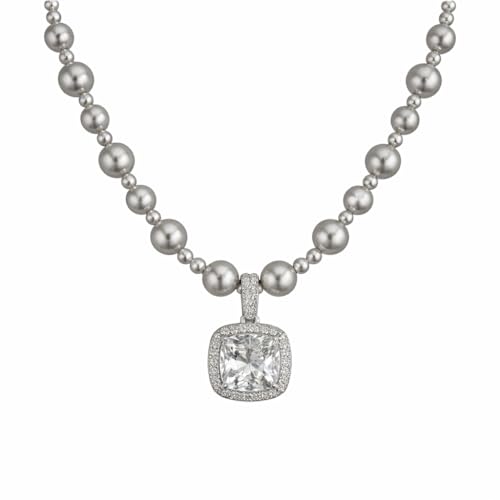 18K Gold Plated Pink Faux Pearl Strand Necklace for Women, Sparkling Cushion-Cut Cubic Zirconia Halo Pendant, Elegant Statement Jewelry with Shimmering Graduated Beads for Formal Wear