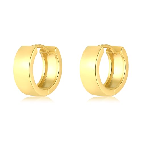 Simple Small Huggie Earrings for Women Trendy Wide Chunky Hoops | 925 Sterling Silver Post, 14K Gold or Silver Plated, Hypoallergenic Mini Cartilage Earring, Thick Hoop Earrings - color: Gold, size: 10mm