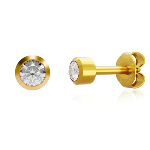 Caflon April Birthstone Stud Earrings - 12 Pairs Clear Crystal Studs, 3/4/5mm | Surgical Steel Starter & Piercing Studs, Sterilized & Individually Sealed | Hypoallergenic Nickel-Safe for Newly Pierced & Sensitive Ears - color: 24K Gold Plated, size: 4mm