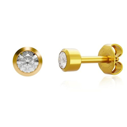 Caflon April Birthstone Stud Earrings - 12 Pairs Clear Crystal Studs, 3/4/5mm | Surgical Steel Starter & Piercing Studs, Sterilized & Individually Sealed | Hypoallergenic Nickel-Safe for Newly Pierced & Sensitive Ears - color: 24K Gold Plated, size: 4mm