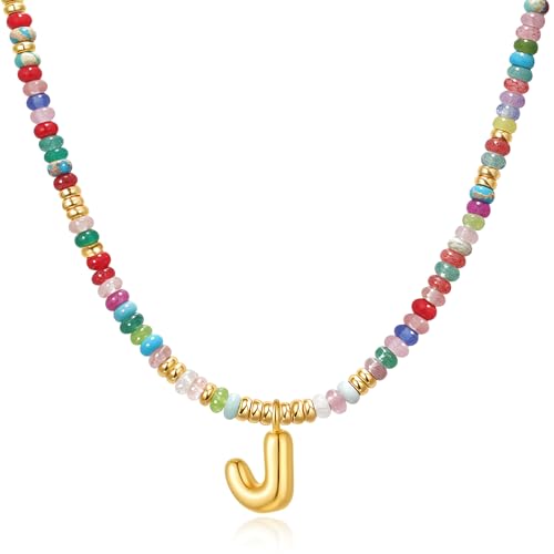 YOUFENG Initial Letter Necklaces for Women Colorful Beaded Gemstone Choker 14K Gold Plated Bubble Letter Pendant Necklace Natural Stone Handmade Jewelry Gift - color: J