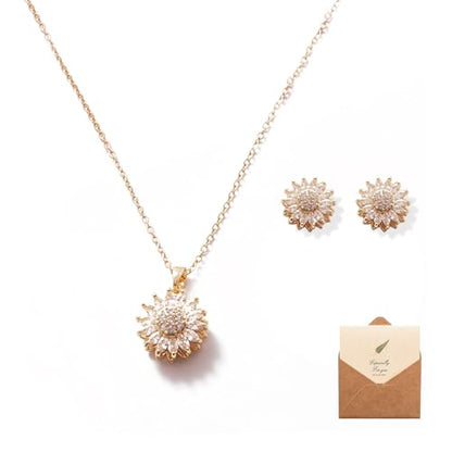 Rotating Sunflower Necklace & Earrings Jewelry Set for women| Gold coating Titanium Alloy with Sparkling Cubic Zirconia| Jewelry box +Tote Bag +3D Card |Gift for Birthday, Anniversary or Mother's Day - color: SpinningSun