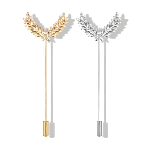 Dreuyet Simple Gold Silver Plated Long Brooch Pins with Cute Animal Antlers Leaves Plant Bees Rabbits Rose Flower Feather Brooch Jewelry for Women Men Elegant Suit Collar Lapel Pin - style: Double Leaf