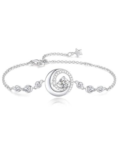 FANCIME Birthstone Bracelets 925 Sterling Silver Moon and Star Bangle Charm Bracelet Fine Jewelry Anniversary Birthday Mothers Day Gifts for Mom Her Women, Adjustable Chain 6.7"+1.2" Extend - color: link-4-CZ