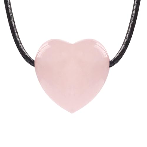 weryerker Natural Gemstone Heart Pendant Necklace Healing Crystal Heart Charm Necklace Adjustable Waxed Black Rope for Women - color: Rose Quartz