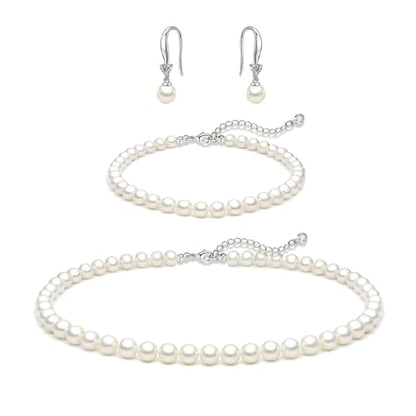 Zeffy Pearl Necklace 4MM/6MM/8MM Dainty Round Imitation Pearl Choker Necklace Wedding Pearl Necklace Delicate Jewelry for Women Simple Bridesmaid Jewelry Gifts - style: Pearl Necklace+Bracelet+Earrings