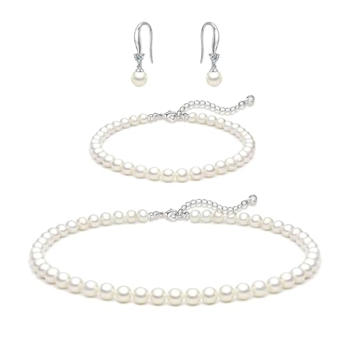 Zeffy Pearl Necklace 4MM/6MM/8MM Dainty Round Imitation Pearl Choker Necklace Wedding Pearl Necklace Delicate Jewelry for Women Simple Bridesmaid Jewelry Gifts - style: Pearl Necklace+Bracelet+Earrings